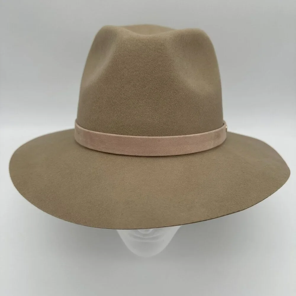 Phenix Women's Short Brim 100% Wool Suede Trim Fedora Hat, OSFM, Beige